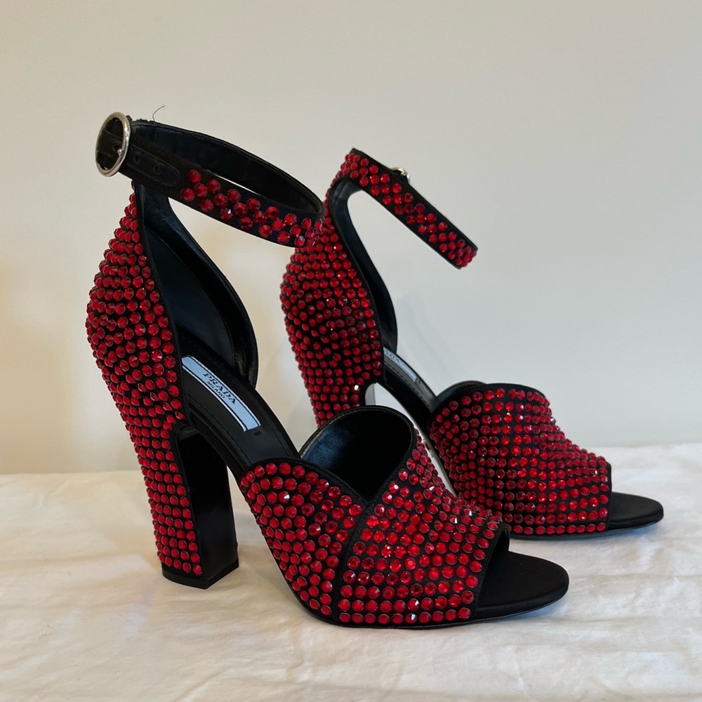 Prada Crystal Ankle Strap Peep Toe Pump Black/Red
